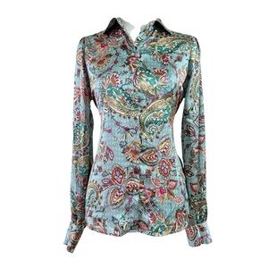 New Outres Filles Women’s Teal Paisley Button-Front Long Sleeve Floral Top Sz XS